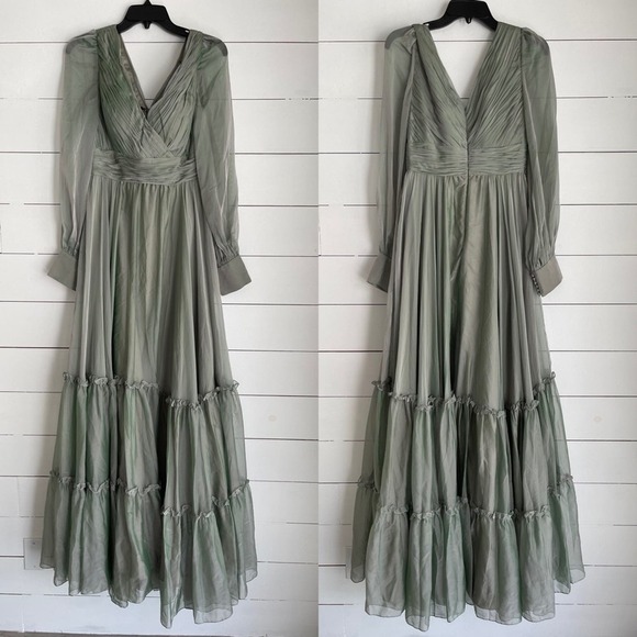 NET MAC DUGGAL FAUX WRAP LONG SLEEVE TIERED GOWN SIZE 6 - Picture 2 of 12